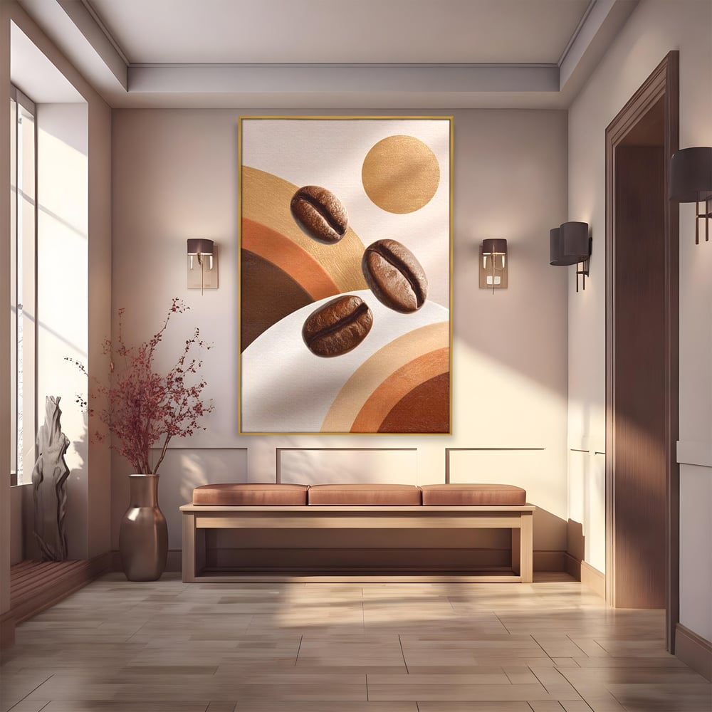 Tablou canvas cu tablou canvas cu boabe de cafea, in rama de aluminiu auriu